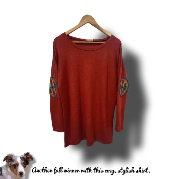 🌿Twenty Second Women's Rust Estimated Medium Aztec Elbow Pad Design Top - Picture 10 of 11